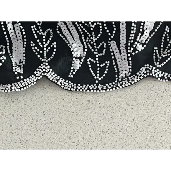 Vtg Stenay silk beaded blk white top evening long sleeves scalloped hem size M/L - Picture 8 of 8